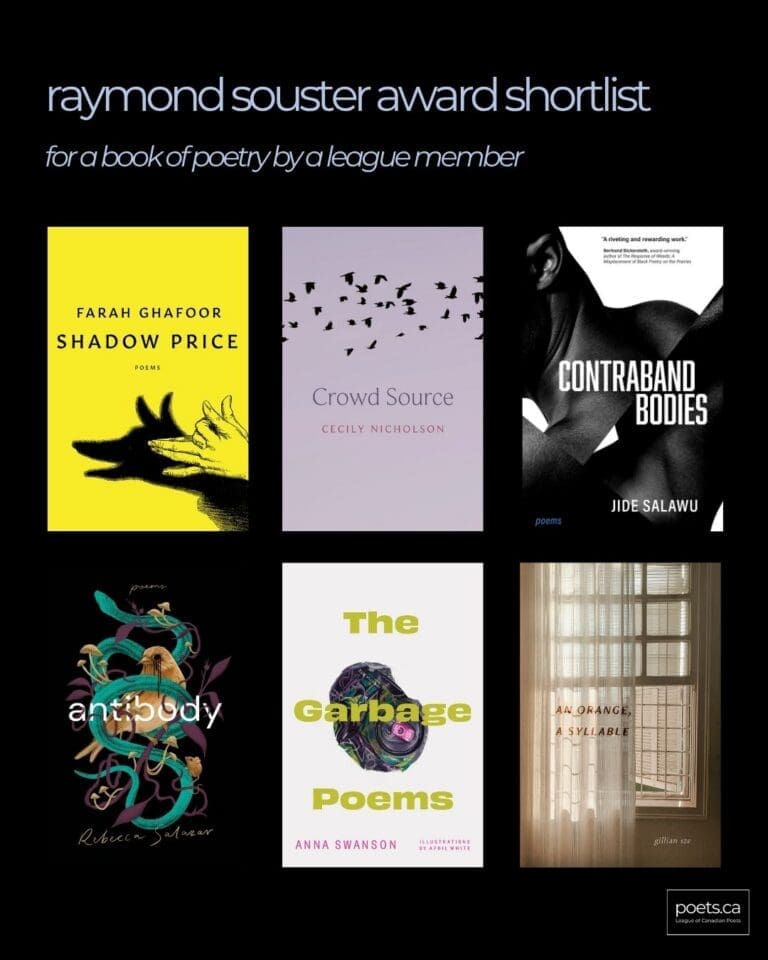 The Raymond Souster Award for a book of poetry by a League member. 6 book covers from top left: Shadow Price by Farah Ghafoor House of Anansi Crowd Source by Cecily Nicholson Talonbooks Contraband Bodies by Jide Salawu NeWest Press antibody: poems by Rebecca Salazar McClelland & Stewart The Garbage Poems by Anna Swanson, illustrated by April White Brick Books An Orange, A Syllable by Gillian Sze ECW Press