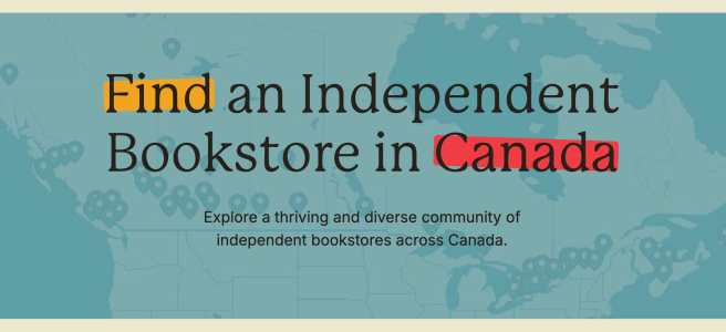 Find an independant bookstore in canada. Map in the background.