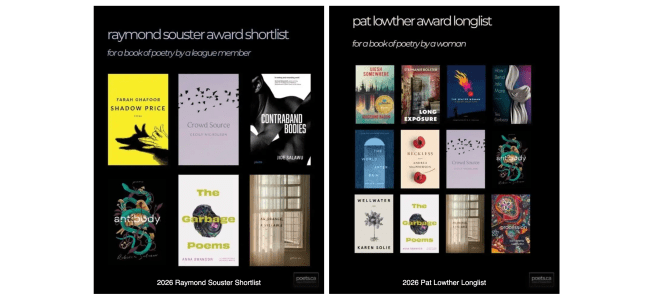 Graphics for Raymond Souster Award Shortlist and Pat Lowther Award Longlist